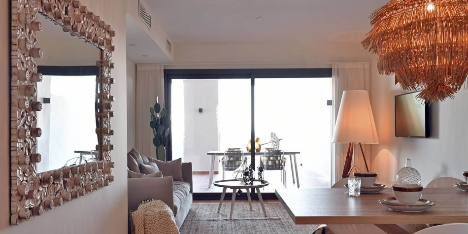 New built front line golf apartments with Scandinavian design in Mijas. Living room